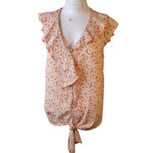 Monteau size M womens blouse ruffle v-neck tie knot bow sleeveless flower